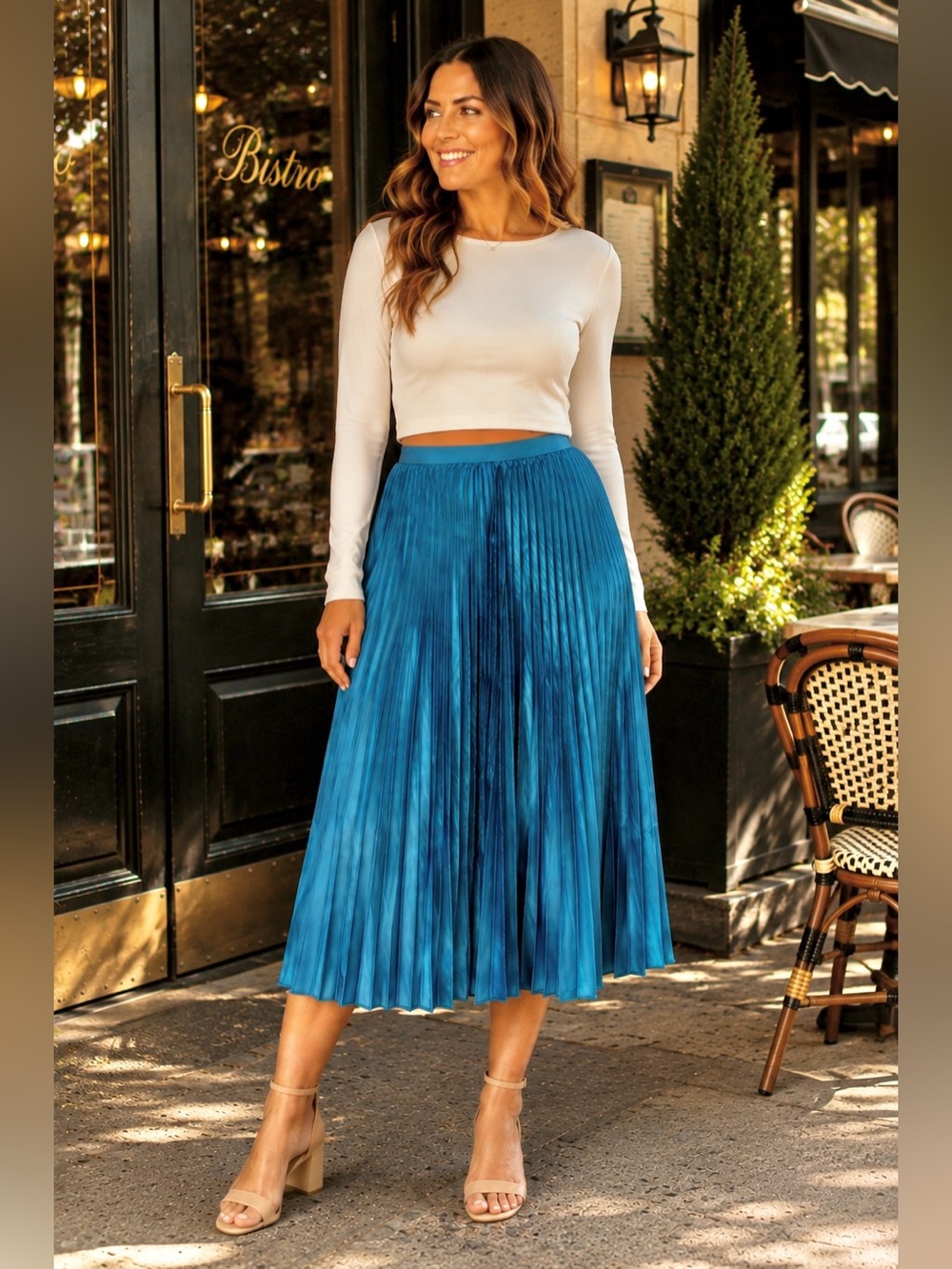 Halara NWT Blue Satin Sheen Pleated A-Line Midi Skirt High Waist XL